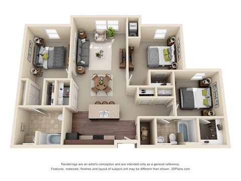 Floor plan for 3 beds, 2 baths, 1082 sqft